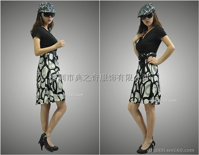 深圳流行服饰夏装新款V领拼接OL蝴蝶结收腰气质连衣