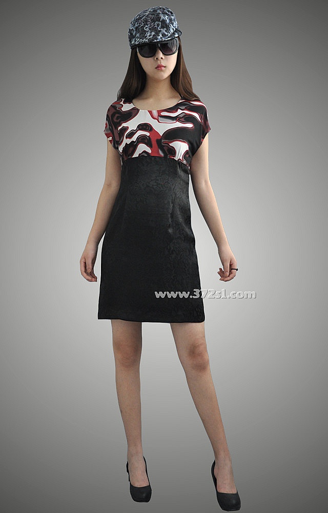 深圳流行服饰夏装新款提花拼接高腰显瘦修身气质连衣裙