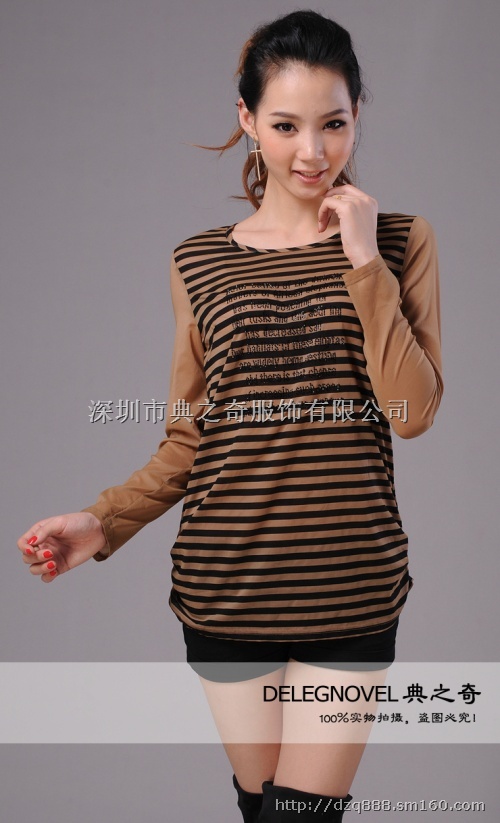 深圳流行服饰字母烫钻弹力真丝宽松条纹打底衫长袖T恤