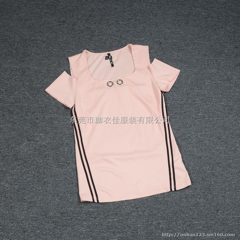 2015新款短袖圆领漏肩上衣 气质淑女修身中腰开叉