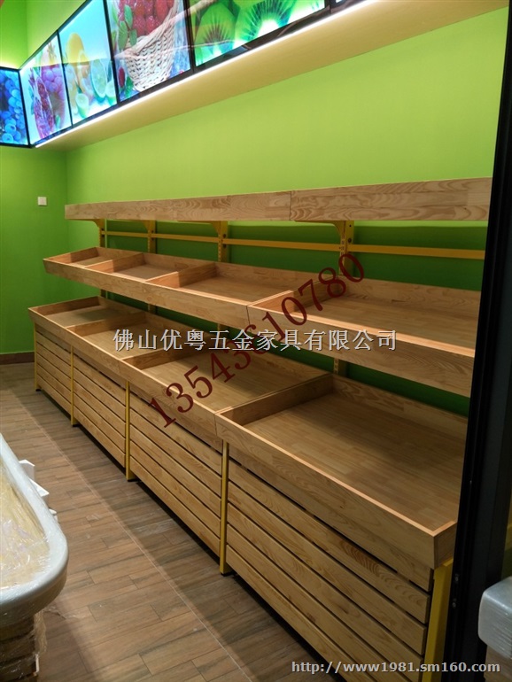 佛山连锁店实木中岛柜水果店货架带灯带镜松木水果架定