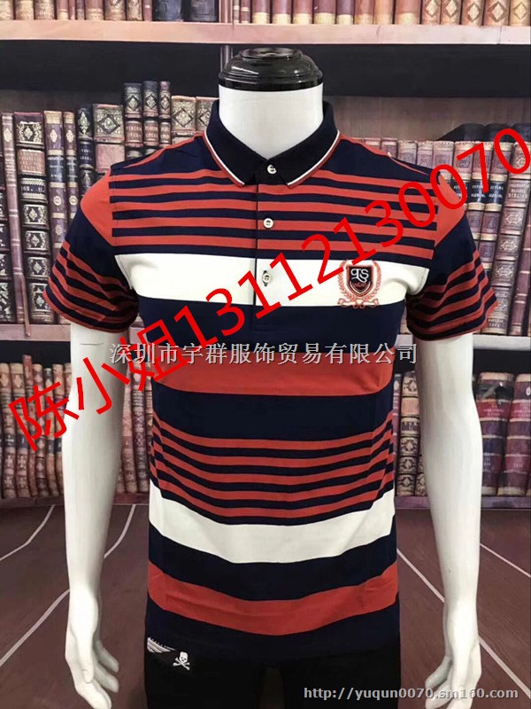 宇群服装男式品牌翻领时尚条纹纯棉短袖男士T恤尾货