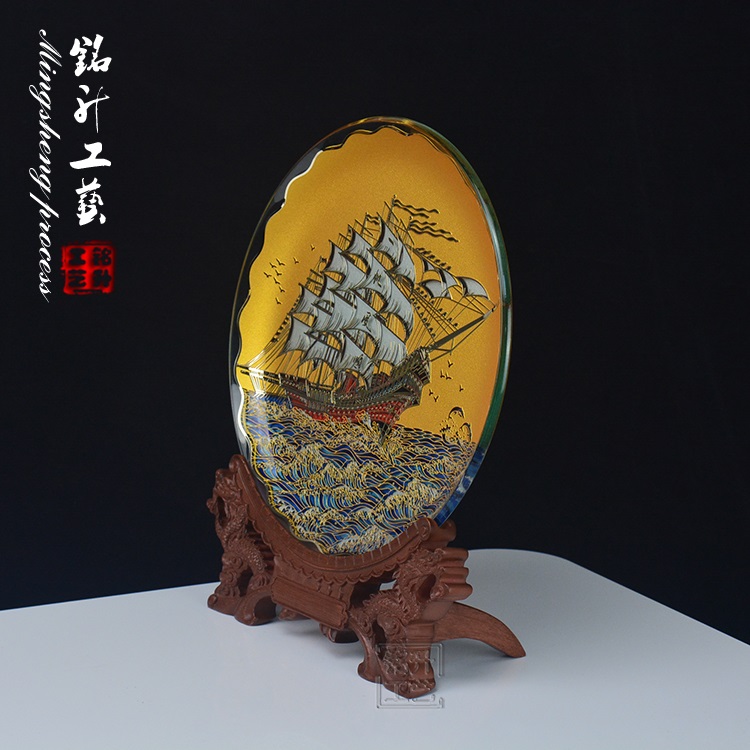 一帆风顺奖盘摆件定做 高档珐琅盘订制 商务送礼奖盘